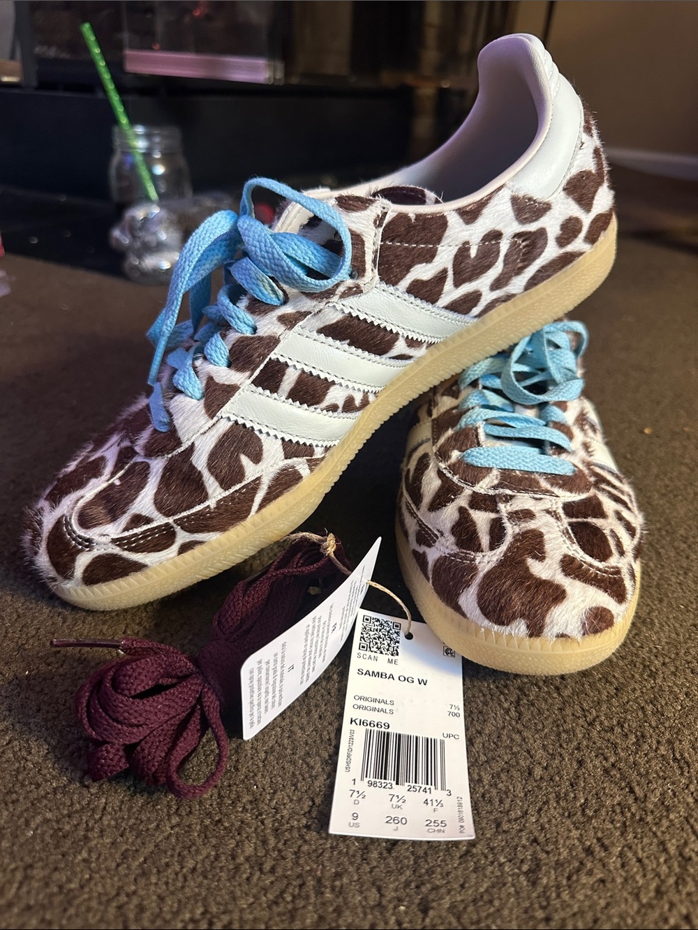 adidas Kids Samba OG Giraffe Print Sneakers - Brown/White with Blue Laces